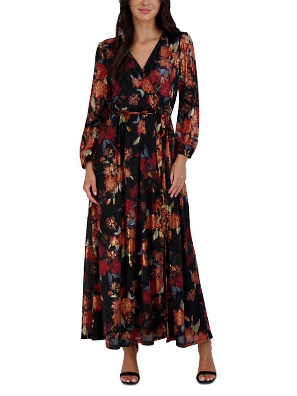 NWT Robbie Bee Modest Elegant Floral Maxi Dress - Black and Red